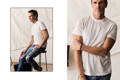 Model wearing The Cotton Hemp T-Shirt in Vintage White