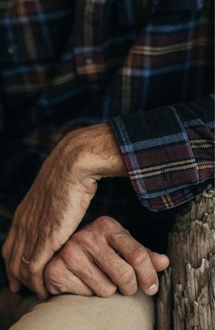 fit model wearing The Ledge Shirt in Dark Navy Plaid