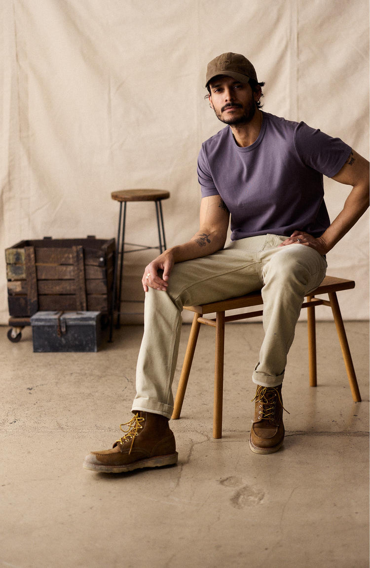 fit model showing off collar on The Organic Cotton Tee in Faded Brick