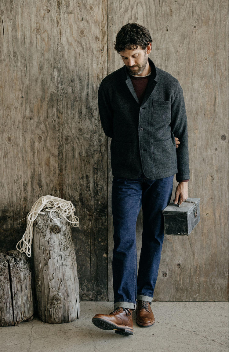 fit model in The Ridgewood Cardigan in Charcoal Birdseye Wool