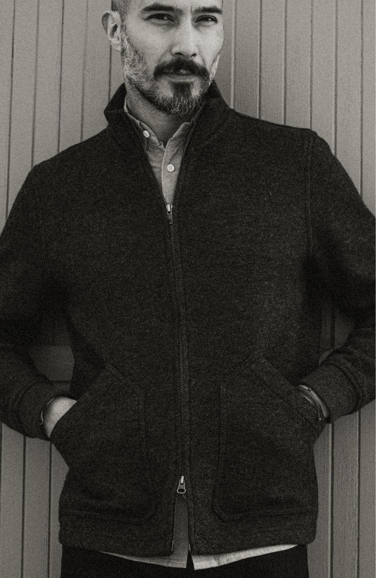 Model wearing The Weekend Jacket in Charcoal Birdseye Wool