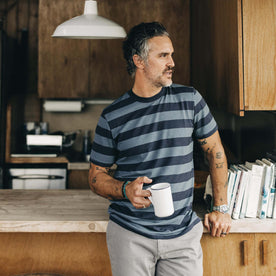 fit model wearing The Cotton Hemp Tee in Storm and Navy Stripe