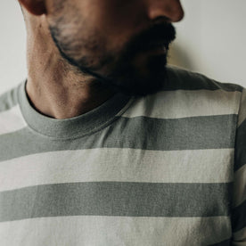 fit model showing the front of The Cotton Hemp Tee in Natural and Sagebrush Stripe