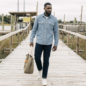 fit model walking in The Demcratic Jean in Wallace Wash Organic Selvage