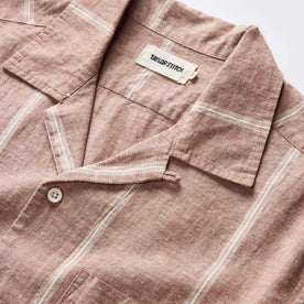 material shot of the camp collar on The Short Sleeve Hawthorne in Dried Fig Stripe