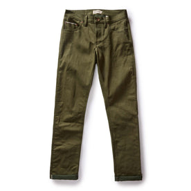 flatlay of The Democratic Jean in Olive Nihon Menpu Selvage