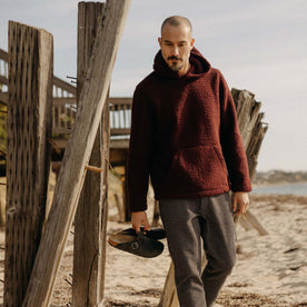 fit model in The Nomad Hoodie in Burgundy Sherpa