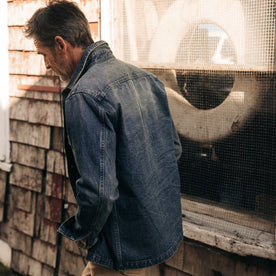 fit model showing the back of The Shop Shirt in Sawyer Wash Selvage Denim