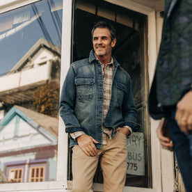 fit model in The Shop Shirt in Sawyer Wash Selvage Denim