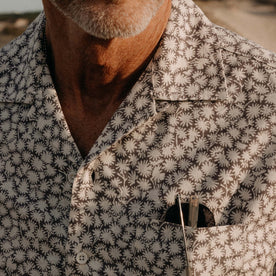 fit model showing off the collar on The Short Sleeve Hawthorne in Fig Floral