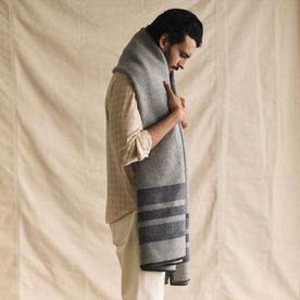 fit model showing off The Wool Blanket in Bay Stripe