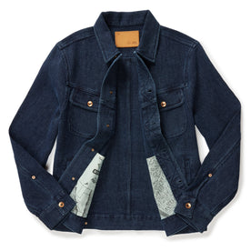 flatlay of The Long Haul Jacket in Indigo Waffle, shown open