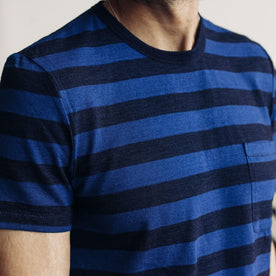 fit model showing the stripe pattern on The Organic Cotton Tee in Indigo Yarn Dye Stripe