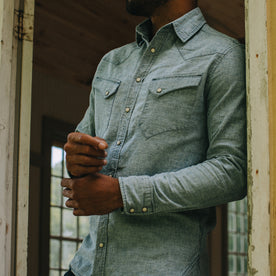 fit model wearing The Western Shirt in Indigo Stripe