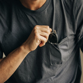 fit model showing off pocket detail on The Cotton Hemp Long Sleeve Tee in Charcoal