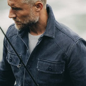 fit model showing off collar on The Shop Shirt in Navy Chipped Canvas