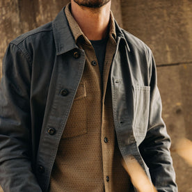 fit model showing the front of The Ojai Jacket in Organic Charcoal Foundation Twill