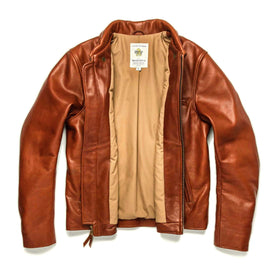 flatlay of open The Moto Jacket in Whiskey Steerhide