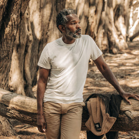 fit model in The Cotton Hemp Tee in Heathered Oat