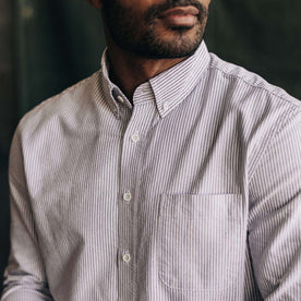 fit model showing the front of The Jack in Burgundy University Stripe Oxford