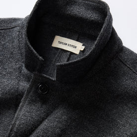 material shot of the collar on The Ridgewood Cardigan in Charcoal Birdseye Wool