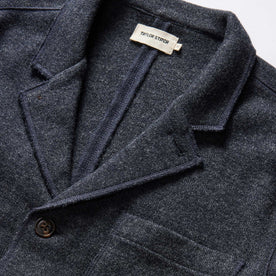 material shot of the lapel on The Ridgewood Cardigan in Navy Birdseye Wool