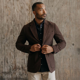 fit model buttoning The Sheffield Sportcoat in Dark Chestnut Moleskin