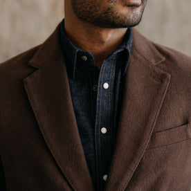 fit model showing the lapel on The Sheffield Sportcoat in Dark Chestnut Moleskin