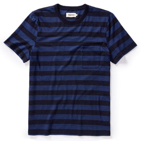 flatlay of The Organic Cotton Tee in Indigo Yarn Dye Stripe