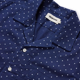 material shot of the camp collar on The Short Sleeve Hawthorne in Indigo Star Dot Border